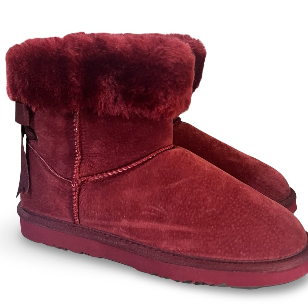 LAMO "Adele" Sheepskin Bow Boots in Burgundy Size 8 - Picture 2 of 7